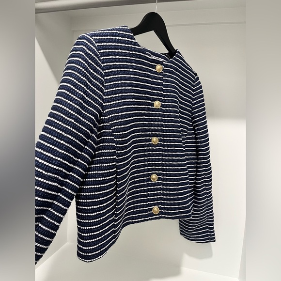 NWT J Crew Tweed Lady Jacket Antique Navy Ivory Stripe $228 size 14 gold button - Picture 8 of 12